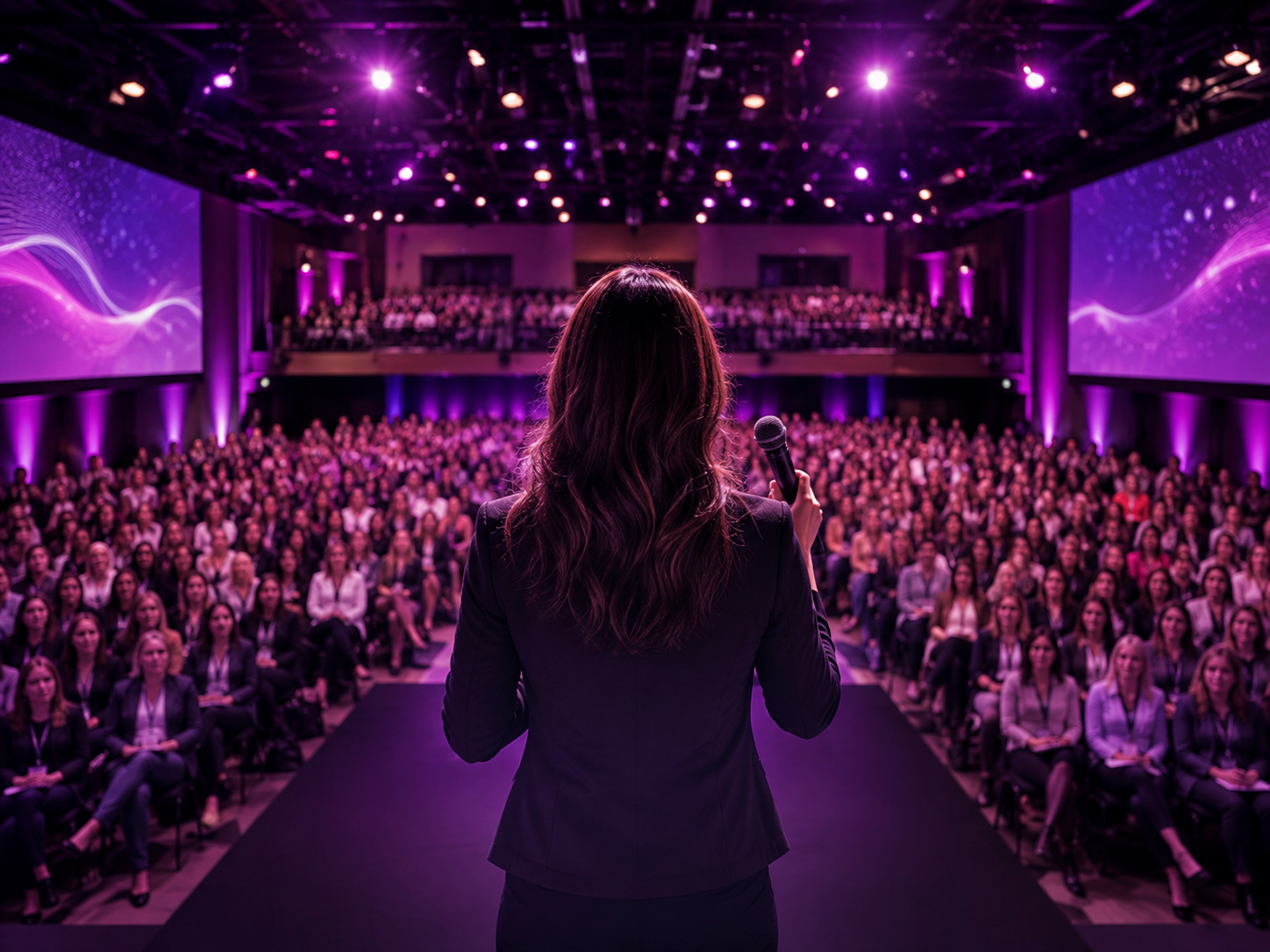 Palestra: mulher palestrando para uma grande plateia